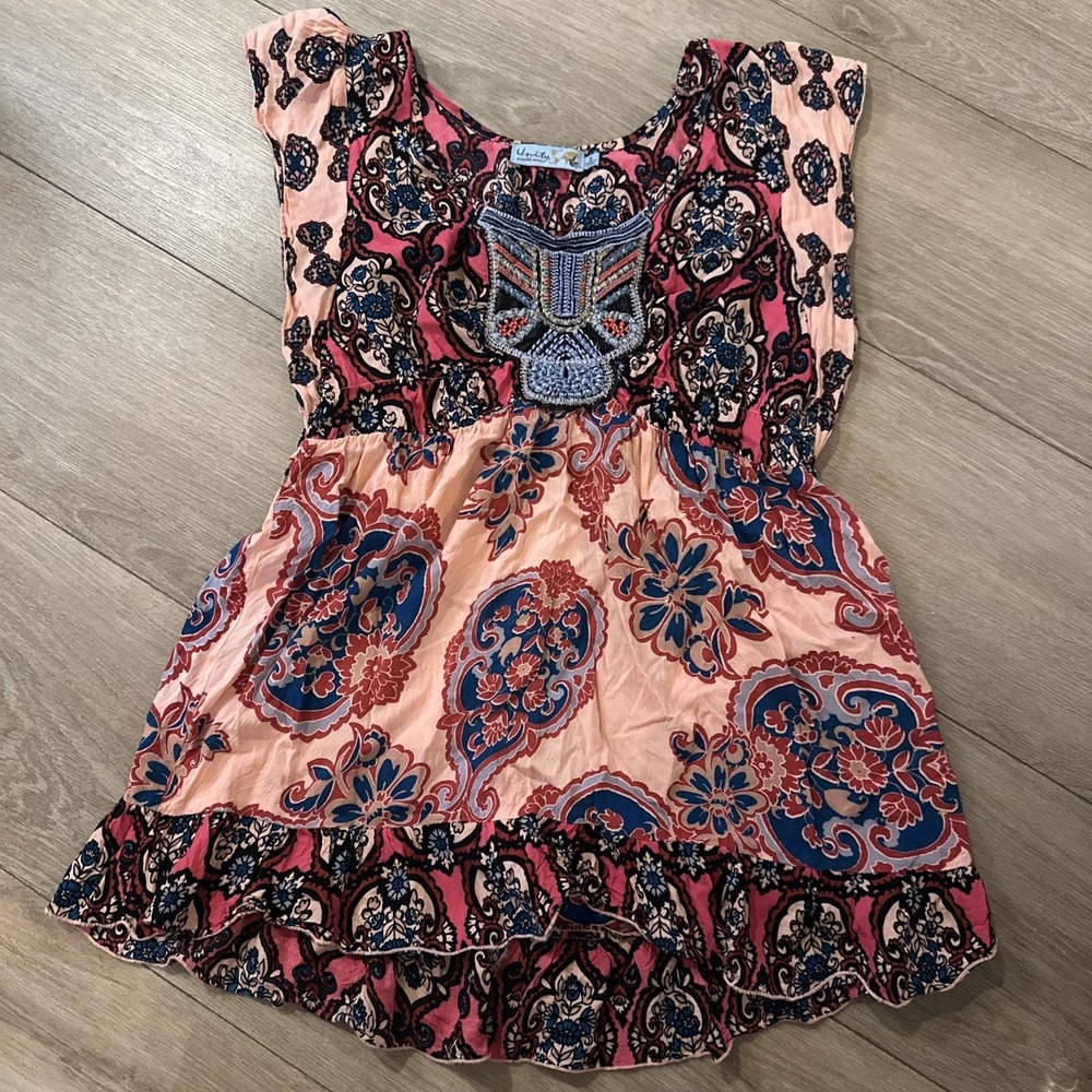 Unity World Wear Women's Top Paisley Ruffled Flutter Sleeve Boho Festival Small